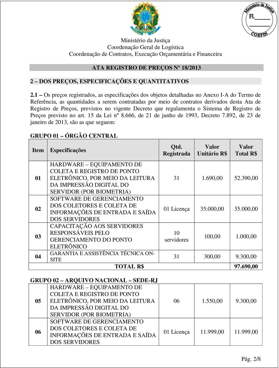 Preços, previstos no vigente Decreto que regulamenta o Sistema de Registro de Preços previsto no art. 15 da Lei nº 8.666, de 21 de junho de 1993, Decreto 7.