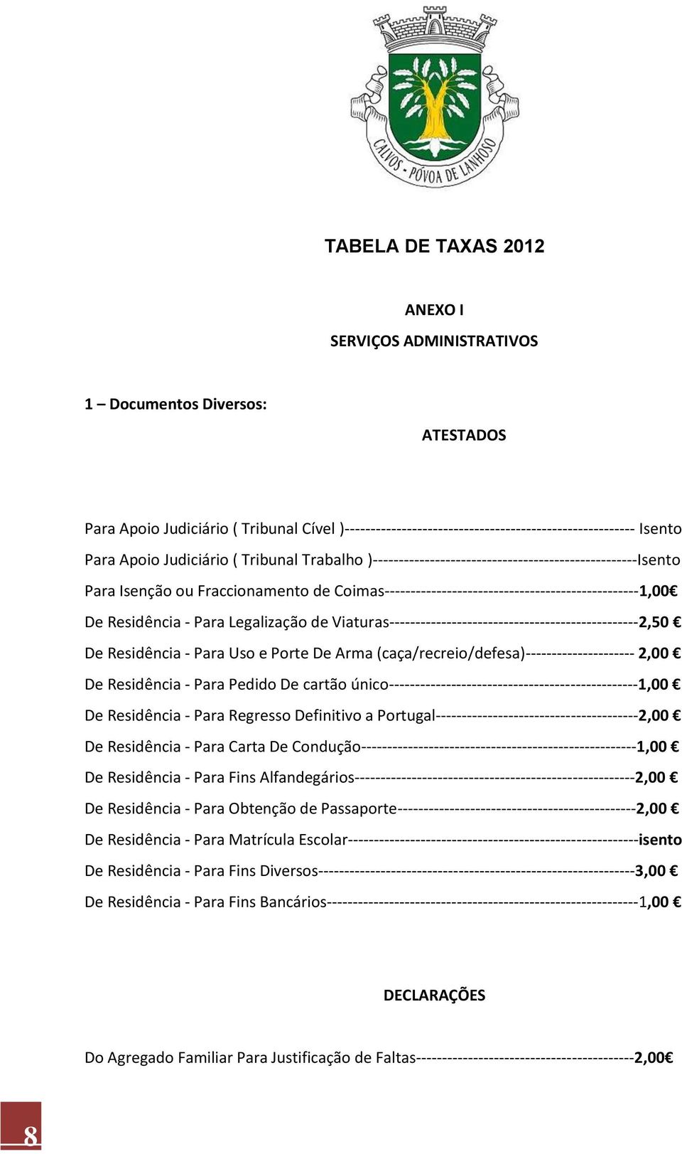 Residência - Para Legalização de Viaturas------------------------------------------------2,50 De Residência - Para Uso e Porte De Arma (caça/recreio/defesa)--------------------- 2,00 De Residência -