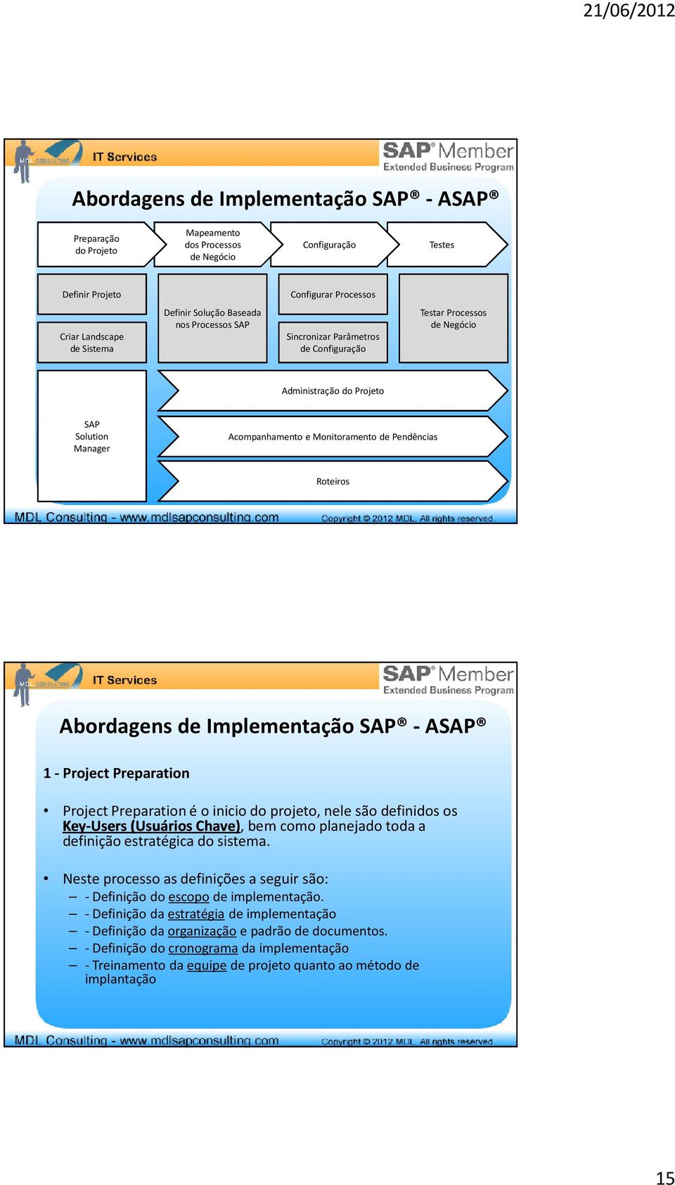 Abordagens de Implementação SAP - ASAP 1 - Project Preparation Project Preparationé o inicio do projeto, nele são definidos os Key-Users(Usuários Chave), bem como planejado toda a definição