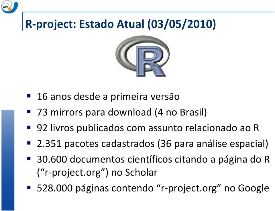 351 pacotes cadastrados (36 para análise espacial) 30.