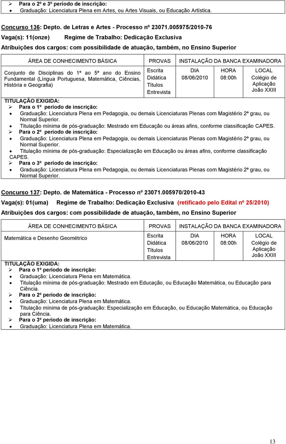 Graduação: Licenciatura Plena em Pedagogia, ou demais Licenciaturas Plenas com Magistério 2º grau, ou Normal Superior.