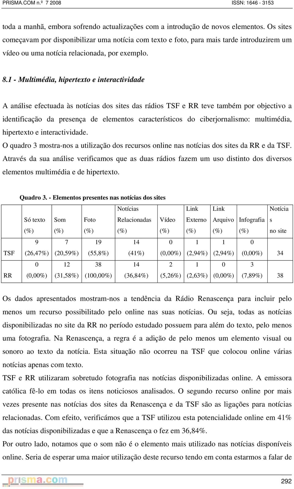 1 - Multimédia, hipertexto e interactividade A análise efectuada às notícias dos sites das rádios TSF e RR teve também por objectivo a identificação da presença de elementos característicos do