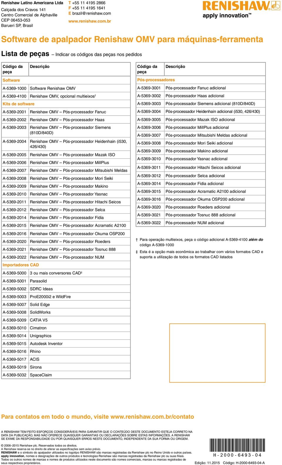 br Software de apalpador Renishaw OMV para máquinas-ferramenta Lista de peças Indicar os códigos das peças nos pedidos Código da peça Descrição Software A-5369-1000 Software Renishaw OMV A-5369-4100