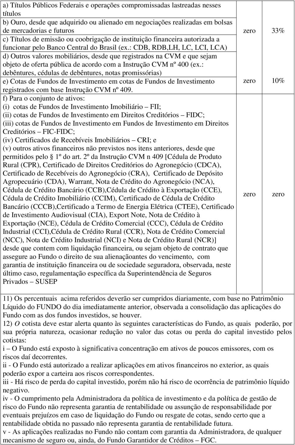 : CDB, RDB,LH, LC, LCI, LCA) d) Outros valores mobiliários, desde que registrados na CVM e que sejam objeto de oferta pública de acordo com a Instrução CVM nº 400 (ex.