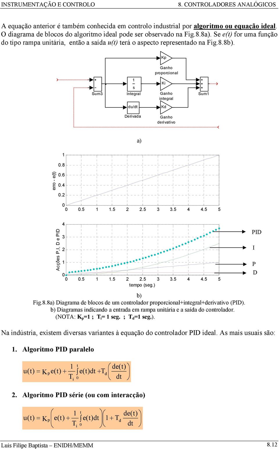 8 erro - e(t).6.4..5.5.5 3 3.5 4 4.5 5 Acções P,I, D e PID 4 3.5.5.5 3 3.5 4 4.5 5 temo (seg.) b) Fig.8.8a) Diagrama de blocos de um controlador roorcionalintegralderivativo (PID).