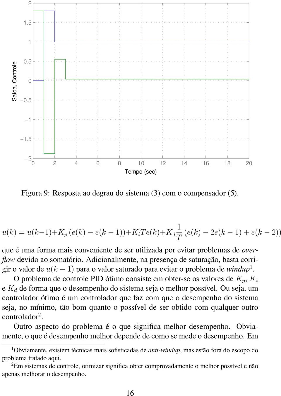 Adicionalmente, na presença de saturação, basta corrigir o valor de u(k ) para o valor saturado para evitar o problema de windup.