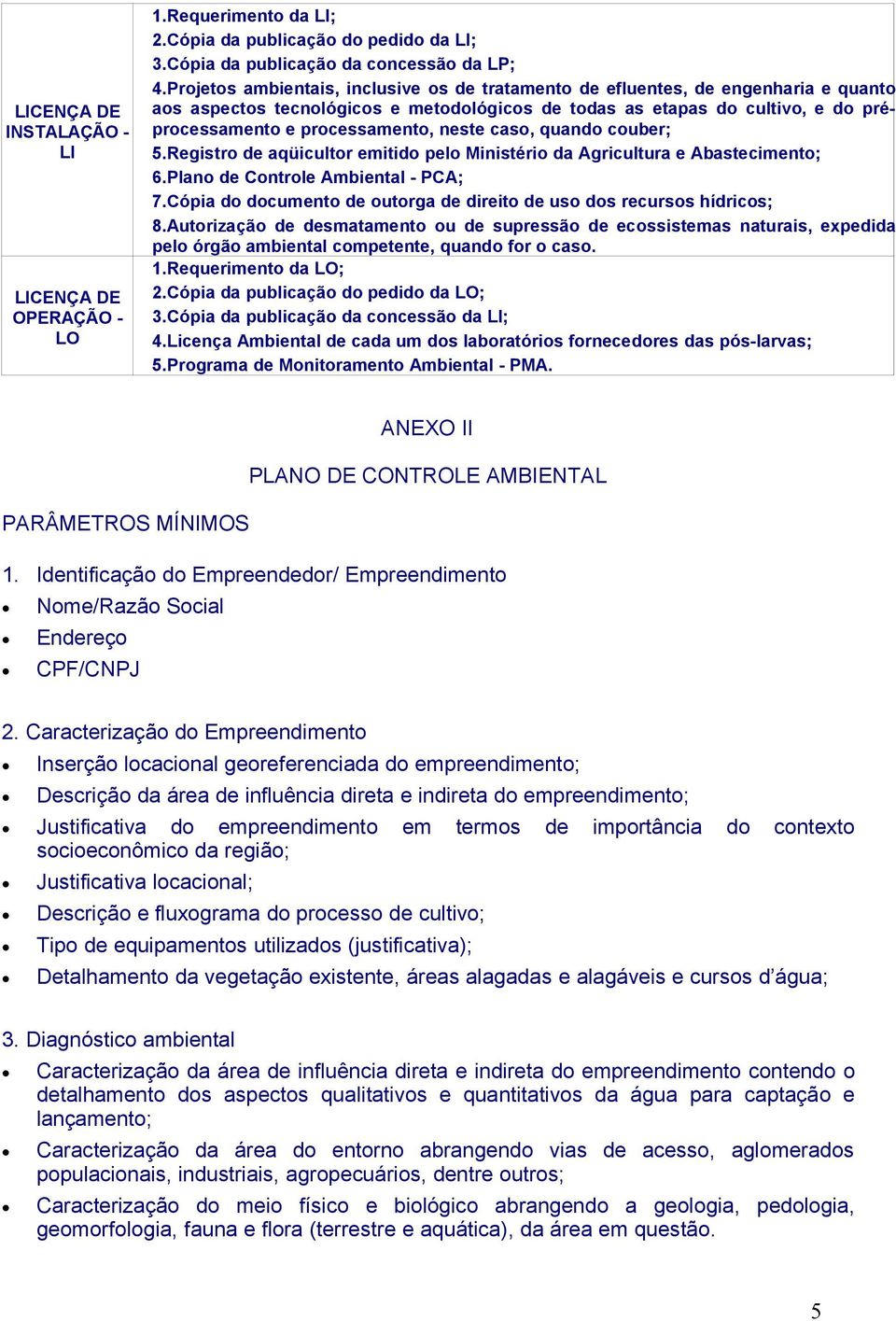 neste caso, quando couber; 5.Registro de aqüicultor emitido pelo Ministério da Agricultura e Abastecimento; 6.Plano de Controle Ambiental - PCA; 7.