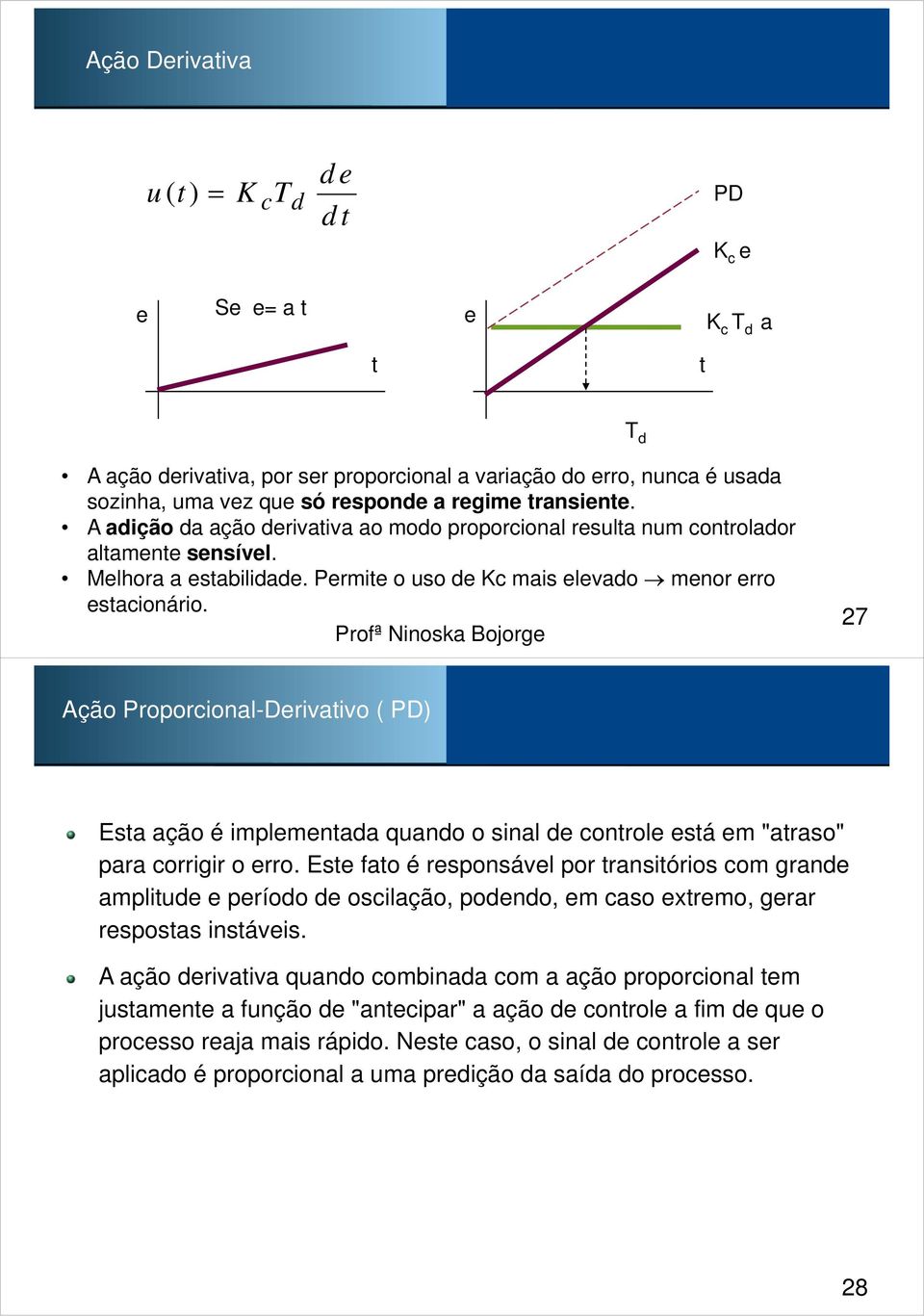 27 Ação Proporional-Derivativo ( PD) Esta ação é implementada quando o sinal de ontrole está em "atraso" para orrigir o erro.