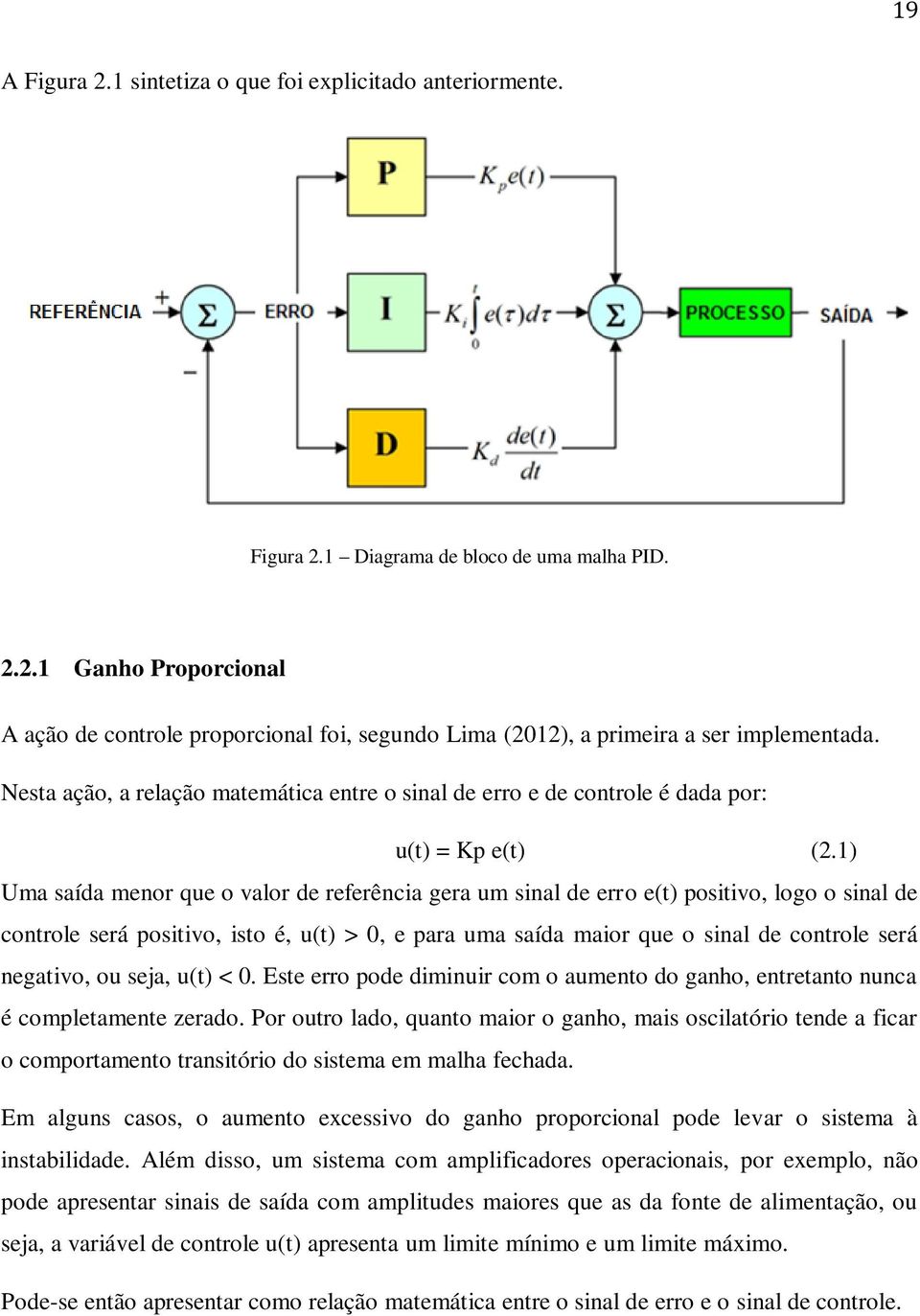 1) Uma saída menor que o valor de referência gera um sinal de erro e(t) positivo, logo o sinal de controle será positivo, isto é, u(t) > 0, e para uma saída maior que o sinal de controle será