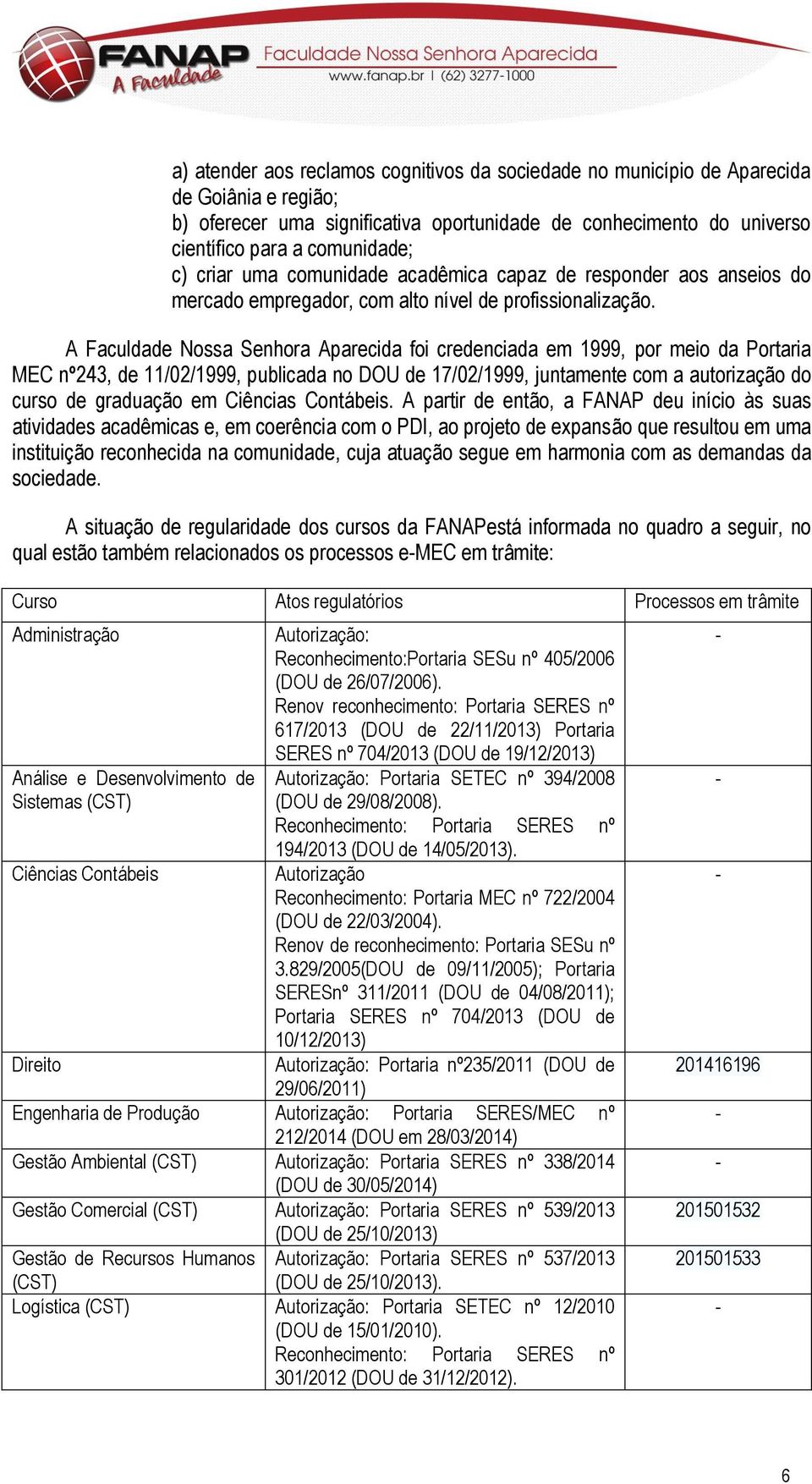 A Faculdade Nossa Senhora Aparecida foi credenciada em 1999, por meio da Portaria MEC nº243, de 11/02/1999, publicada no DOU de 17/02/1999, juntamente com a autorização do curso de graduação em