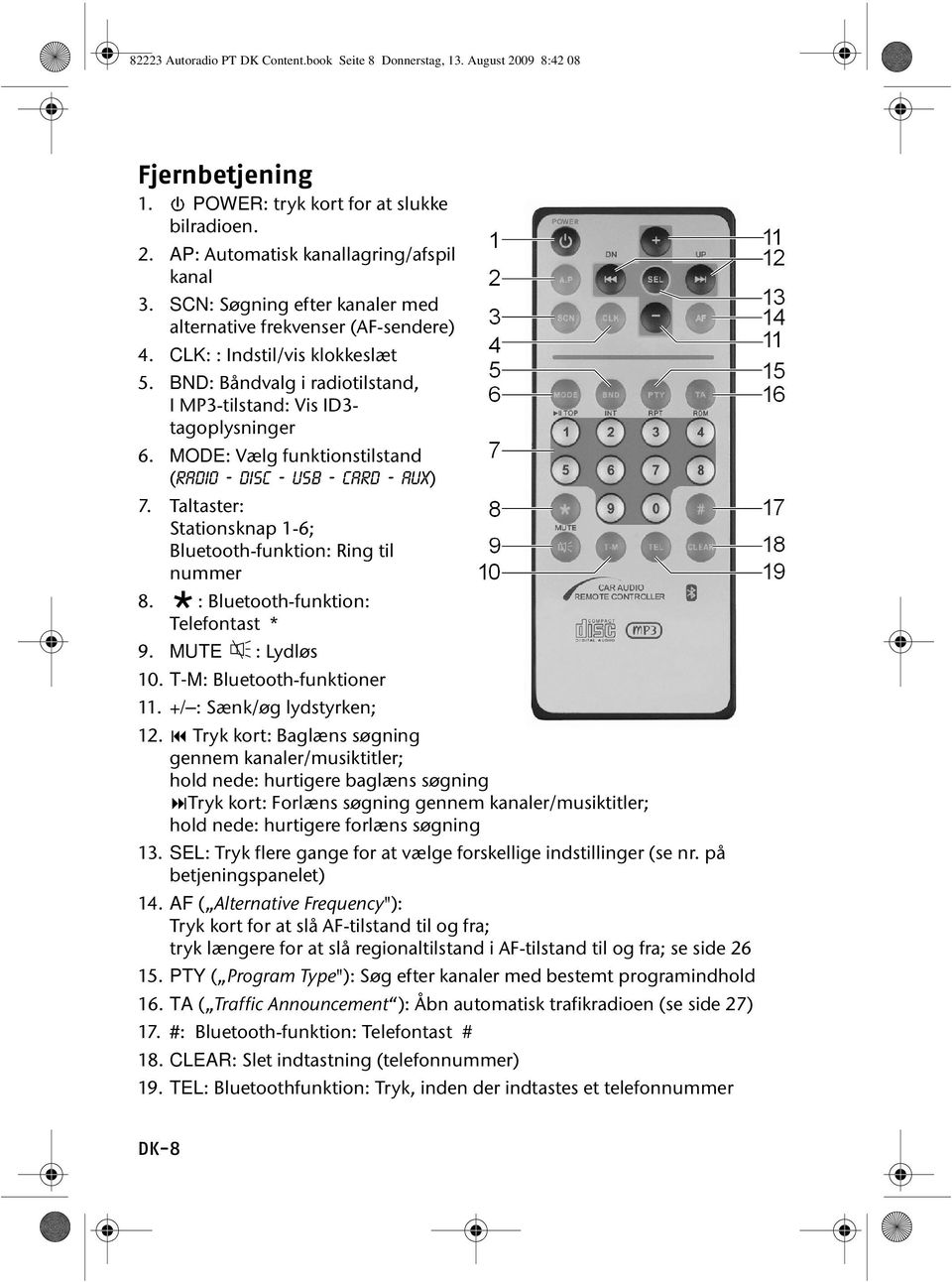 MODE: Vælg funktionstilstand (Radio - Disc - USB - Card - AUX) 7. Taltaster: Stationsknap 1-6; Bluetooth-funktion: Ring til nummer 8. : Bluetooth-funktion: Telefontast * 9. MUTE : Lydløs 10.