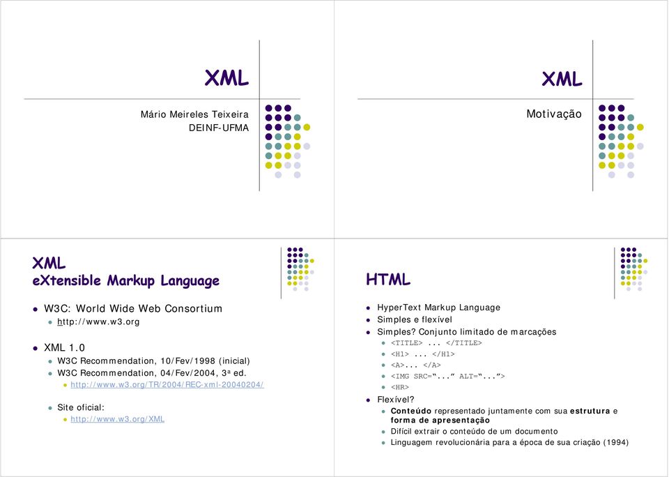 org/tr/2004/rec-xml-20040204/ Site oficial: http://www.w3.org/ HTML HyperText Markup Language Simples e flexível Simples?