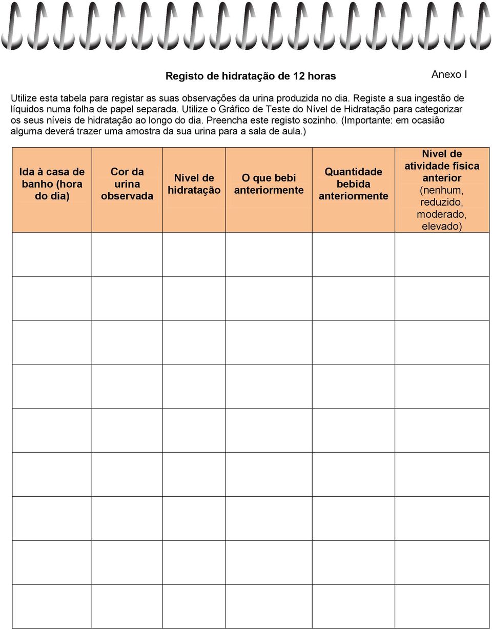 Utilize o Gráfico de Teste do Nível de Hidratação para categorizar os seus níveis de hidratação ao longo do dia. Preencha este registo sozinho.