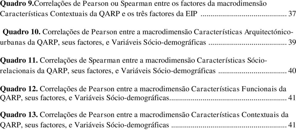 Correlações de Spearman entre a macrodimensão Características Sóciorelacionais da QARP, seus factores, e Variáveis Sócio-demográficas... 40 Quadro 12.