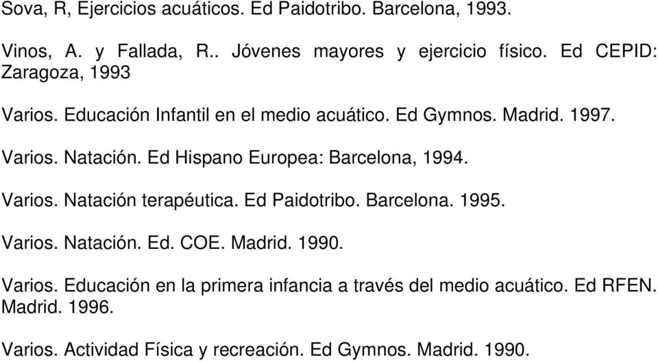 Ed Hispano Europea: Barcelona, 1994. Varios. Natación terapéutica. Ed Paidotribo. Barcelona. 1995. Varios. Natación. Ed. COE. Madrid.