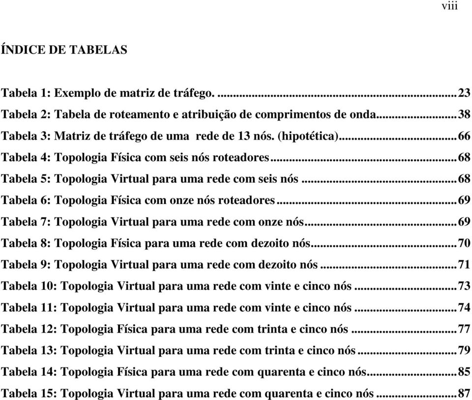 ..69 Tabela 7: Topologia Virtual para uma rede com onze nós...69 Tabela 8: Topologia Física para uma rede com dezoito nós...70 Tabela 9: Topologia Virtual para uma rede com dezoito nós.