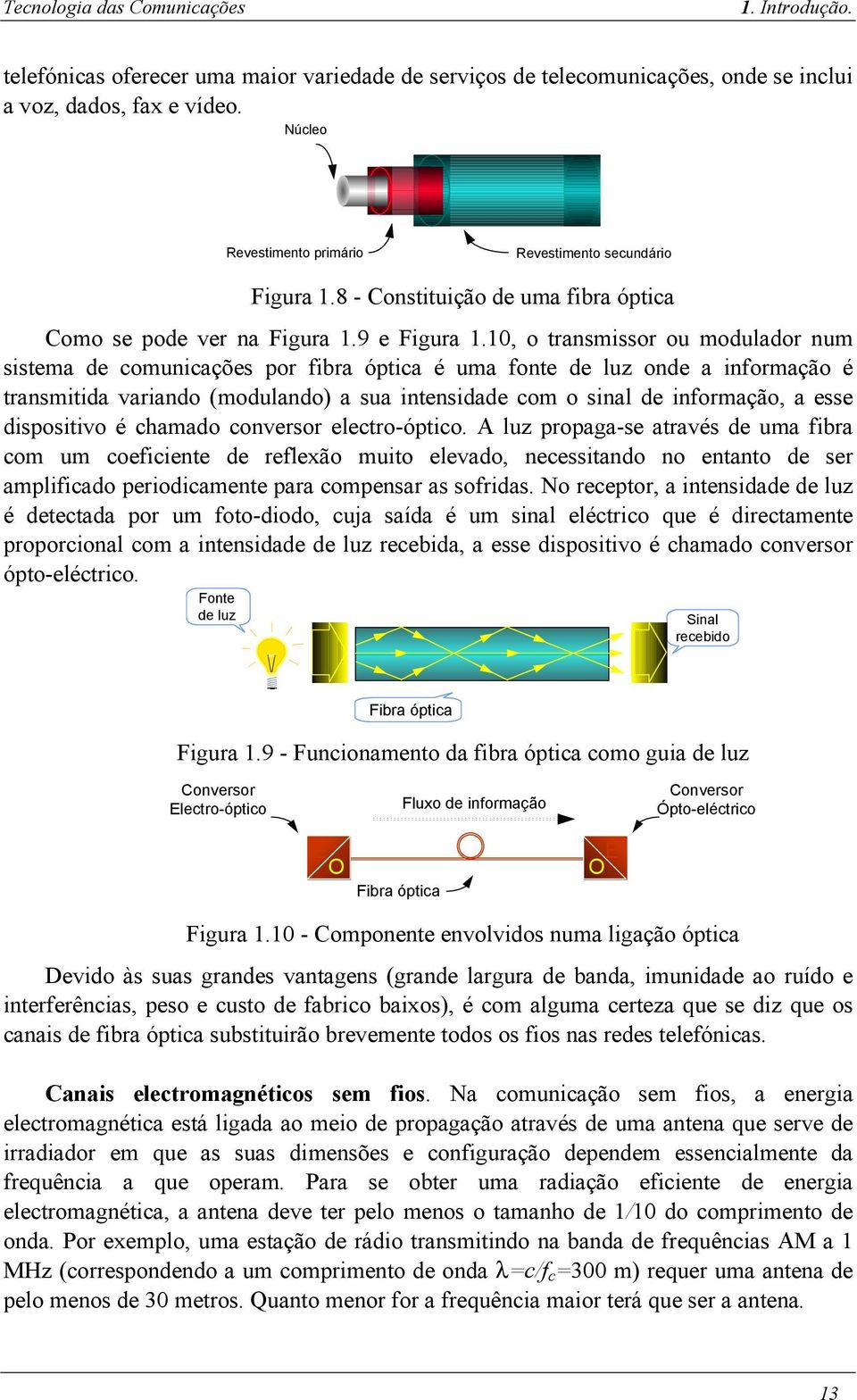 1 0, o transmissor ou modulador num sistema de comunicações por fibra óptica é uma fonte de luz onde a informação é transmitida variando (modulando) a sua intensidade com o sinal de informação, a