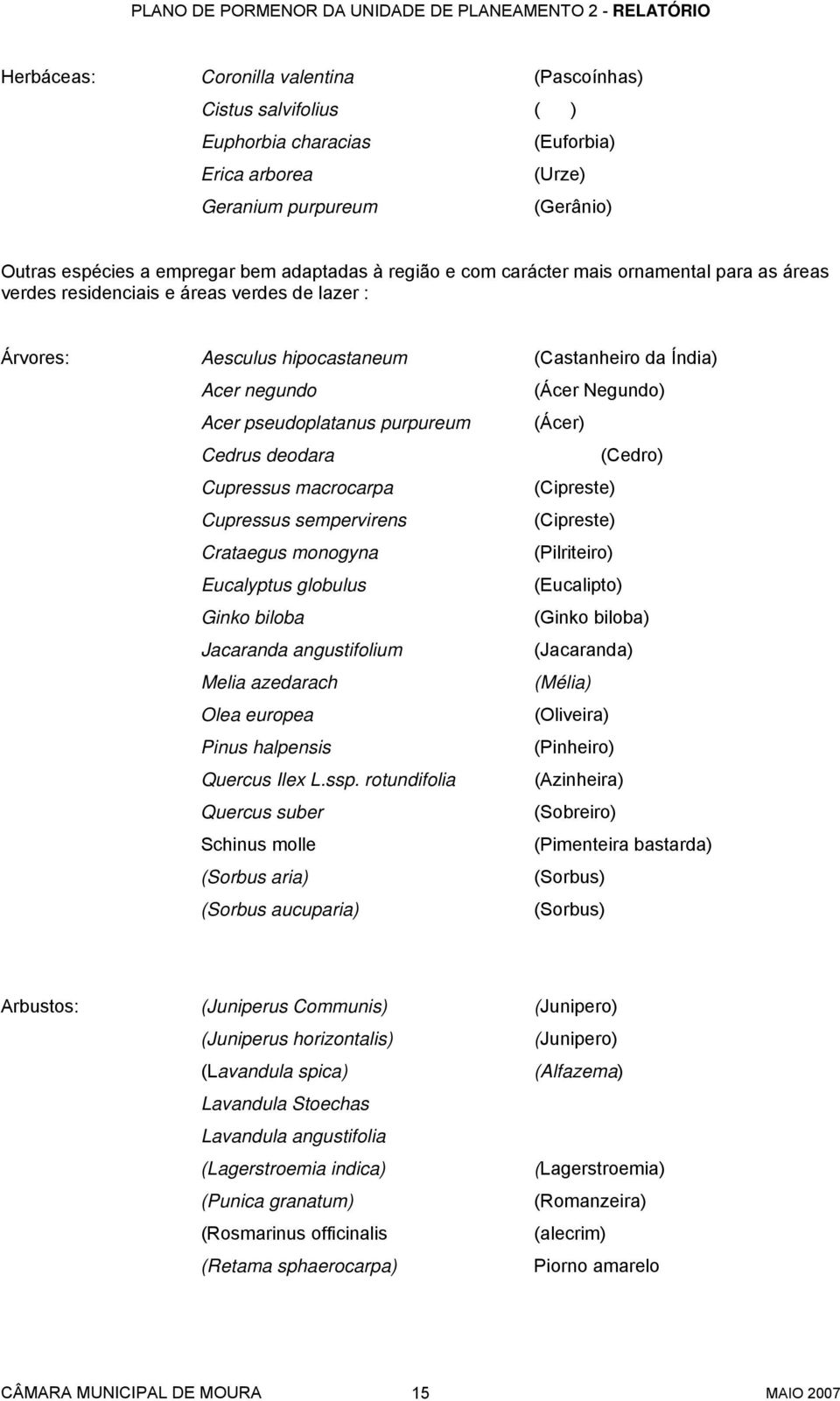 purpureum (Ácer) Cedrus deodara (Cedro) Cupressus macrocarpa (Cipreste) Cupressus sempervirens (Cipreste) Crataegus monogyna (Pilriteiro) Eucalyptus globulus (Eucalipto) Ginko biloba (Ginko biloba)