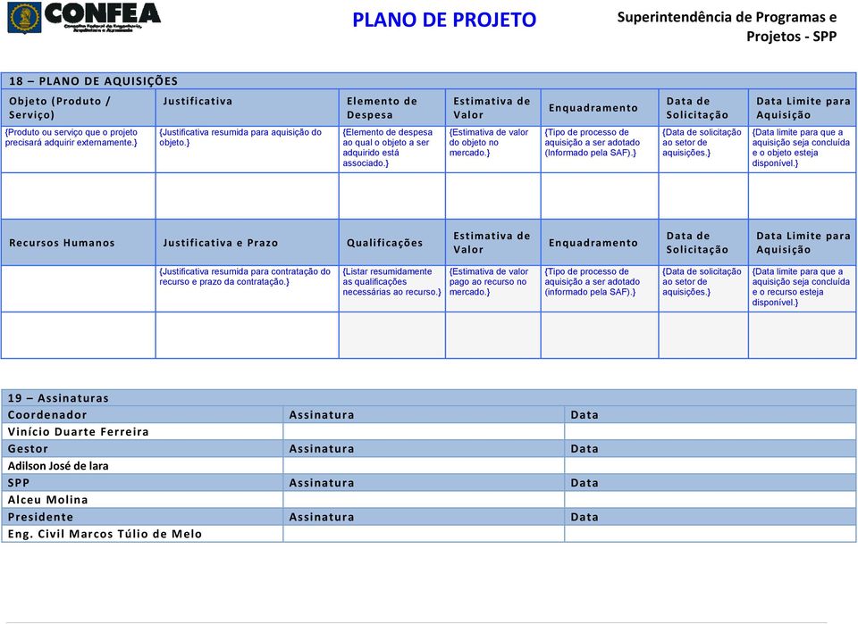 } {Tipo de processo de aquisição a ser adotado (Informado pela SAF).} {Data de solicitação ao setor de aquisições.} {Data limite para que a aquisição seja concluída e o objeto esteja disponível.