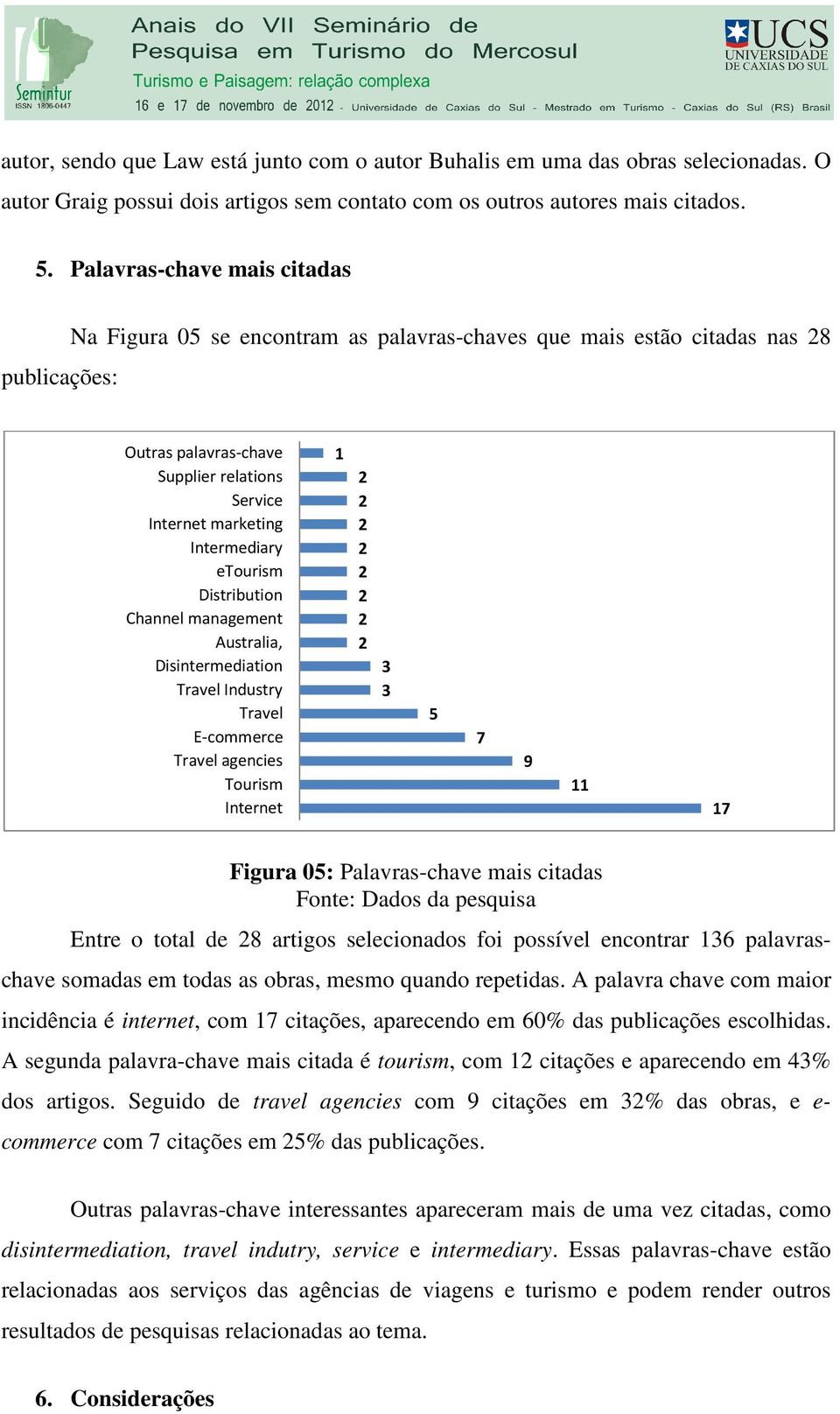 etourism Distribution Channel management Australia, Disintermediation Travel Industry Travel E-commerce Travel agencies Tourism Internet 3 3 5 7 9 7 Figura 05: Palavras-chave mais citadas Fonte: