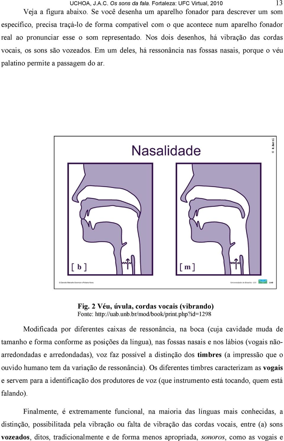 Nos dois desenhos, há vibração das cordas vocais, os sons são vozeados. Em um deles, há ressonância nas fossas nasais, porque o véu palatino permite a passagem do ar. Fig.