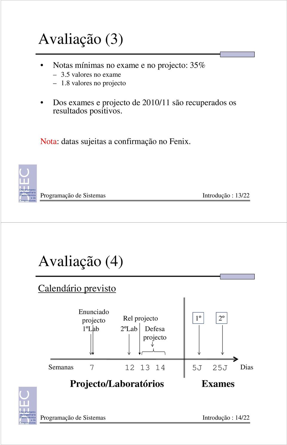 Nota: datas sujeitas a confirmação no Fenix.