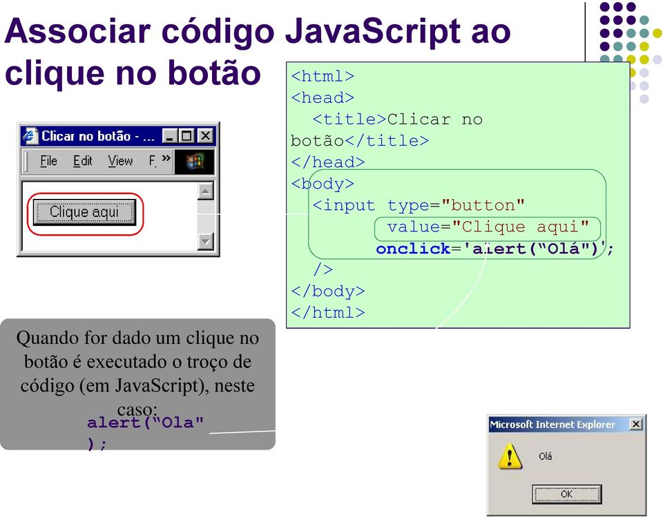 Ola" ); <html> <head> <title>clicar no botão</title> </head> <body> <input