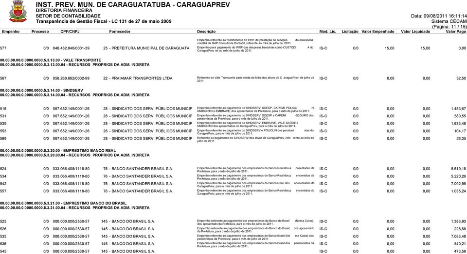 0000.5.3.13.00 - VALE TRANSPORTE 00.00.00.00.0.0000.0000.5.3.13.00.04 - RECURSOS PROPRIOS DA ADM. INDIRETA 567 0/0 056.260.