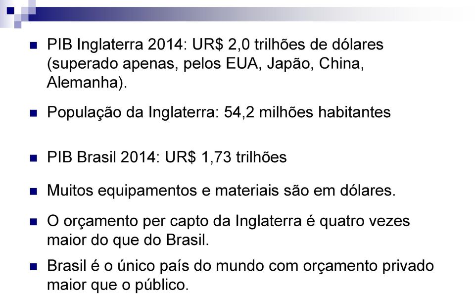 População da Inglaterra: 54,2 milhões habitantes PIB Brasil 2014: UR$ 1,73 trilhões Muitos