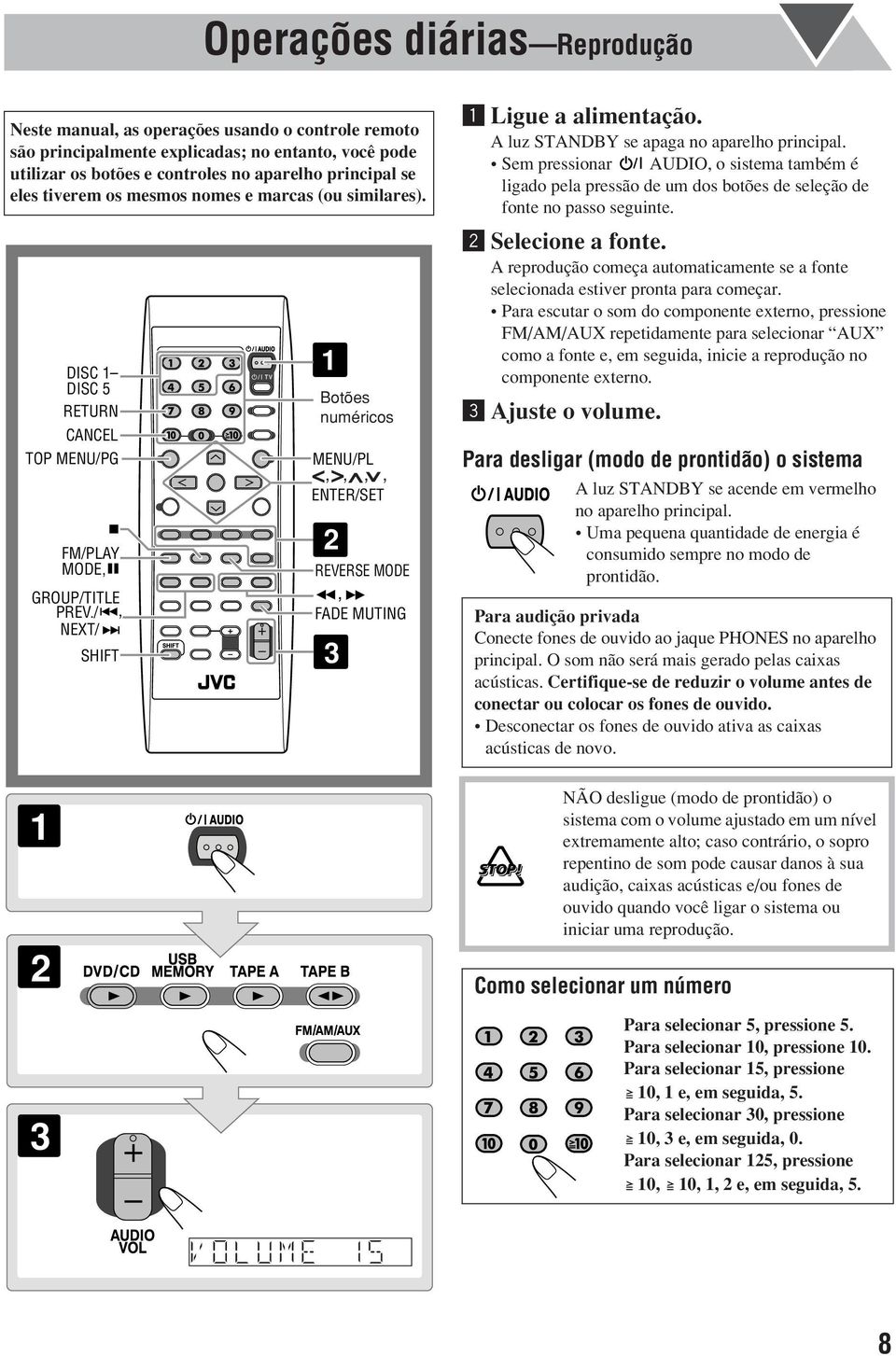 /, NEXT/ SHIFT 1 2 3 DISC 1 DISC 5 RETURN CANCEL TOP MENU/PG FM/PLAY MODE, 1 Botões numéricos MENU/PL,,,, ENTER/SET 2 REVERSE MODE, FADE MUTING 3 Ligue a alimentação.