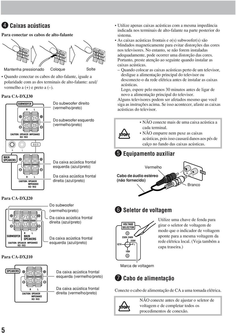 Para CA-DXJ30 Do subwoofer direito (vermelho/preto) Do subwoofer esquerdo (vermelho/preto) Da caixa acústica frontal esquerda (azul/preto) Utilize apenas caixas acústicas com a mesma impedância