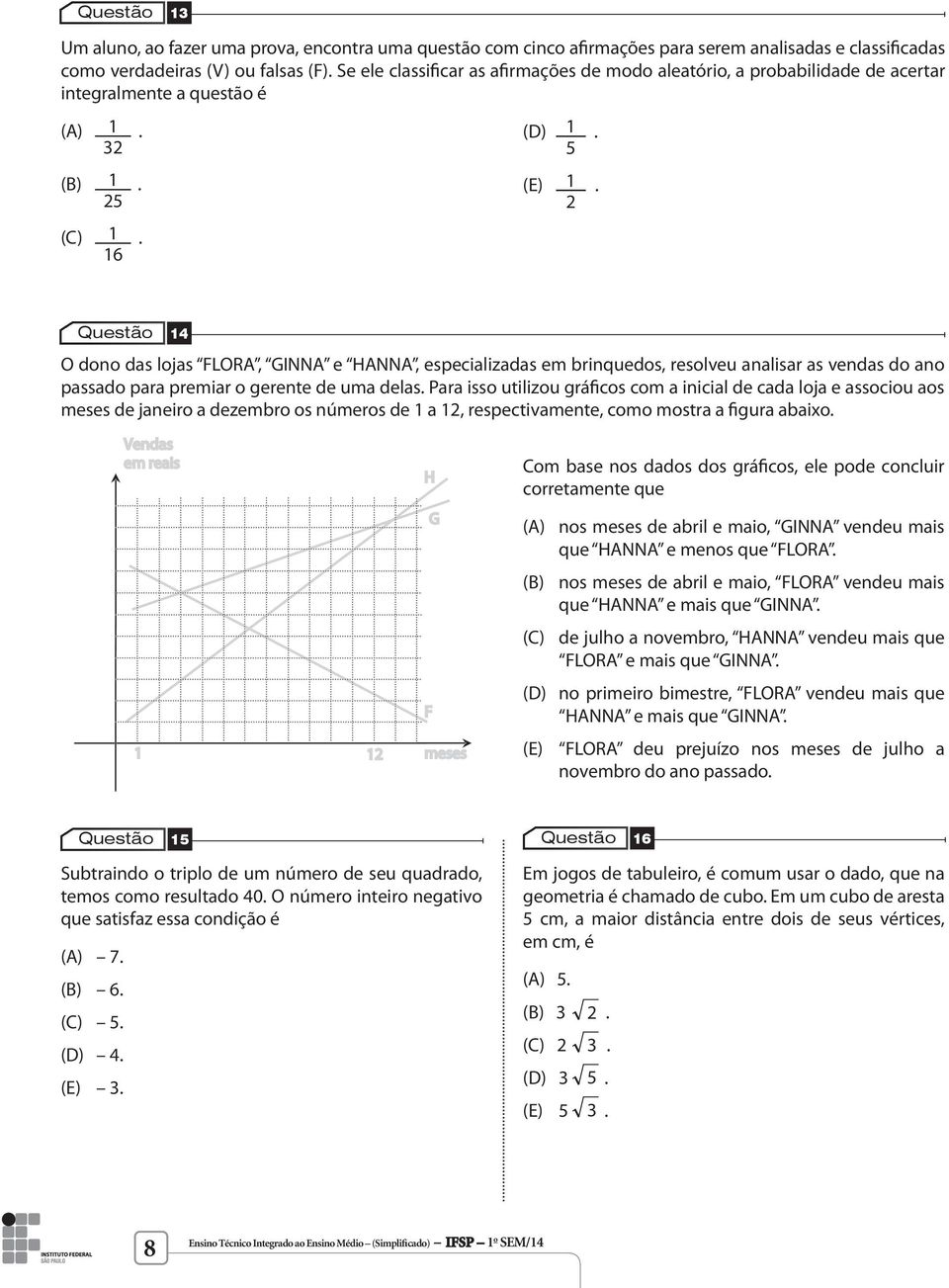 Questão 14 O dono das lojas FLOR, GINN e HNN, especializadas em brinquedos, resolveu analisar as vendas do ano passado para premiar o gerente de uma delas.