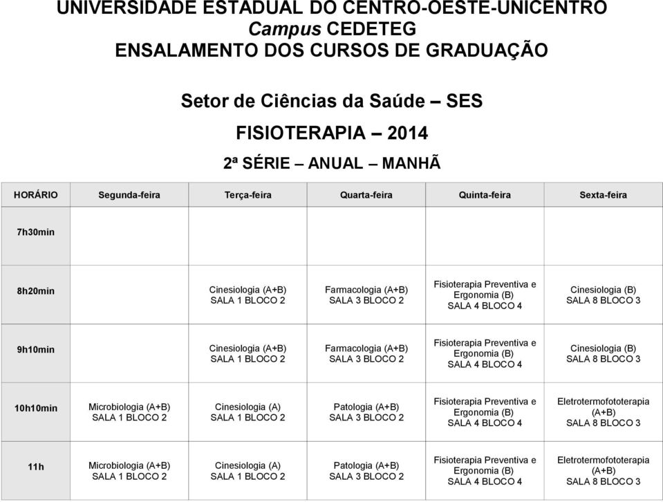 10h10min Microbiologia Cinesiologia (A) Patologia Preventiva e Ergonomia (B) SALA 4 BLOCO 4