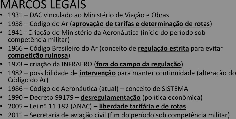 campo da regulação) 982 possibilidade de intervenção para manter continuidade (alteração do Código do Ar) 986 Código de Aeronáutica (atual) conceito de SISTEMA 990