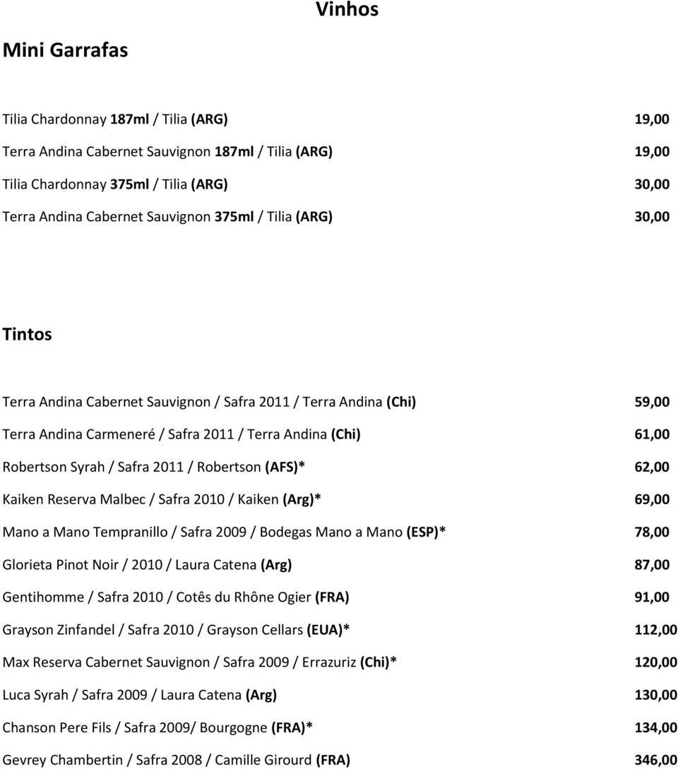 Robertson (AFS)* 62,00 Kaiken Reserva Malbec / Safra 2010 / Kaiken (Arg)* 69,00 Mano a Mano Tempranillo / Safra 2009 / Bodegas Mano a Mano (ESP)* 78,00 Glorieta Pinot Noir / 2010 / Laura Catena (Arg)