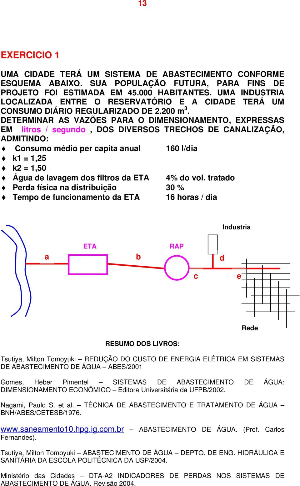 DETERMINAR AS VAZÕES PARA O DIMENSIONAMENTO, EXPRESSAS EM litros / segundo, DOS DIVERSOS TRECHOS DE CANALIZAÇÃO, ADMITINDO: Consumo médio per capita anual 160 l/dia k1 = 1,25 k2 = 1,50 Água de