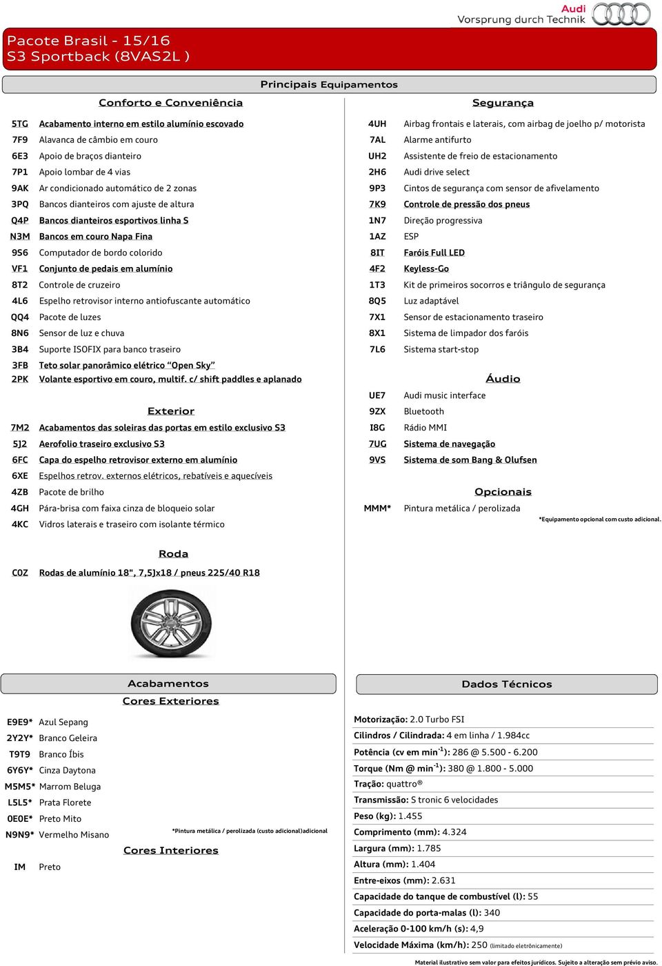 afivelamento 3PQ Bancos dianteiros com ajuste de altura 7K9 Controle de pressão dos pneus Q4P Bancos dianteiros esportivos linha S 1N7 Direção progressiva N3M Bancos em couro Napa Fina 1AZ ESP 9S6