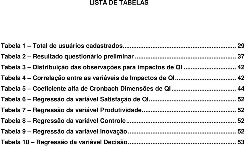 .. 42 Tabela 5 Coeficiente alfa de Cronbach Dimensões de QI... 44 Tabela 6 Regressão da variável Satisfação de QI.