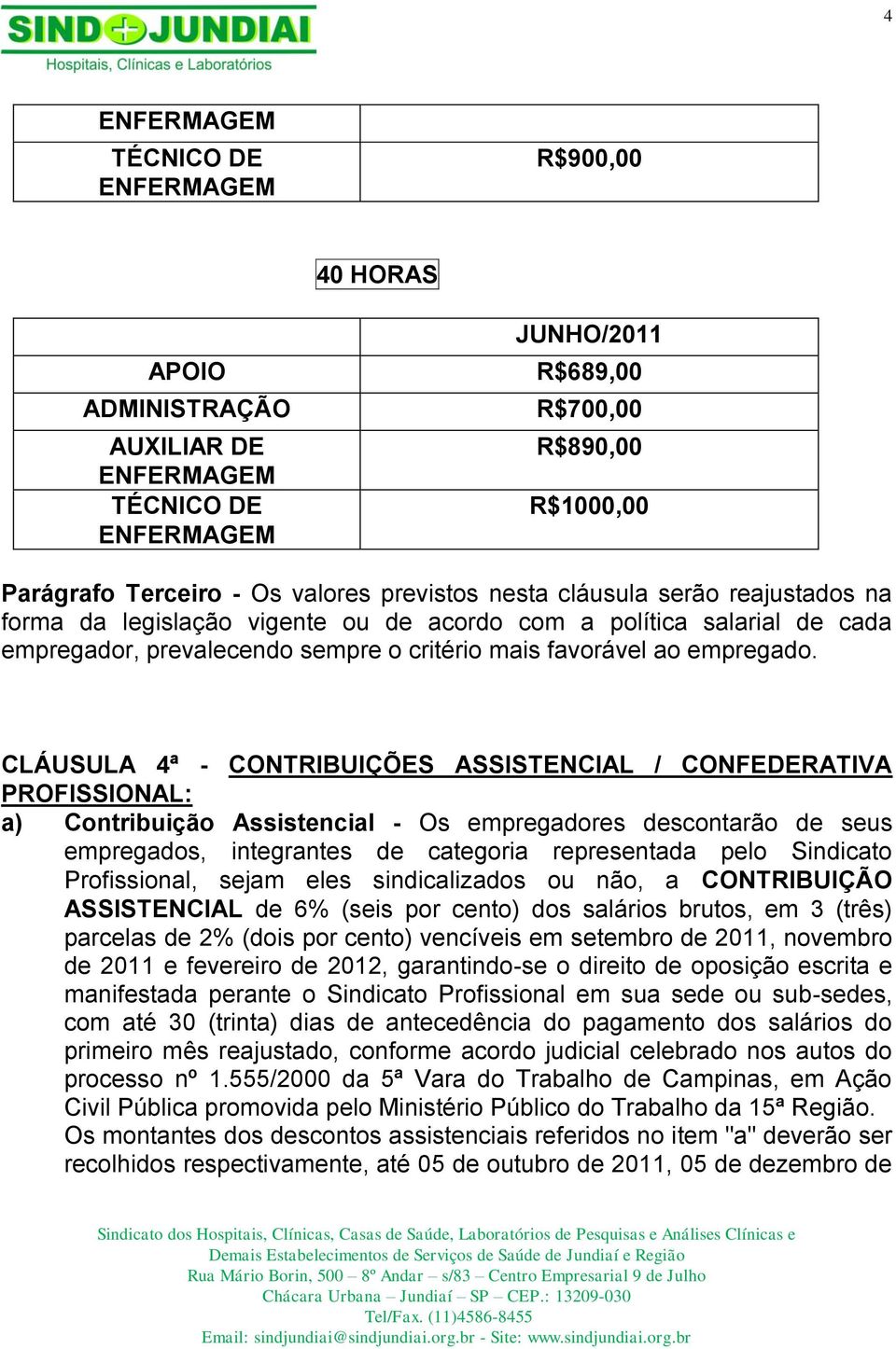 CLÁUSULA 4ª - CONTRIBUIÇÕES ASSISTENCIAL / CONFEDERATIVA PROFISSIONAL: a) Contribuição Assistencial - Os empregadores descontarão de seus empregados, integrantes de categoria representada pelo