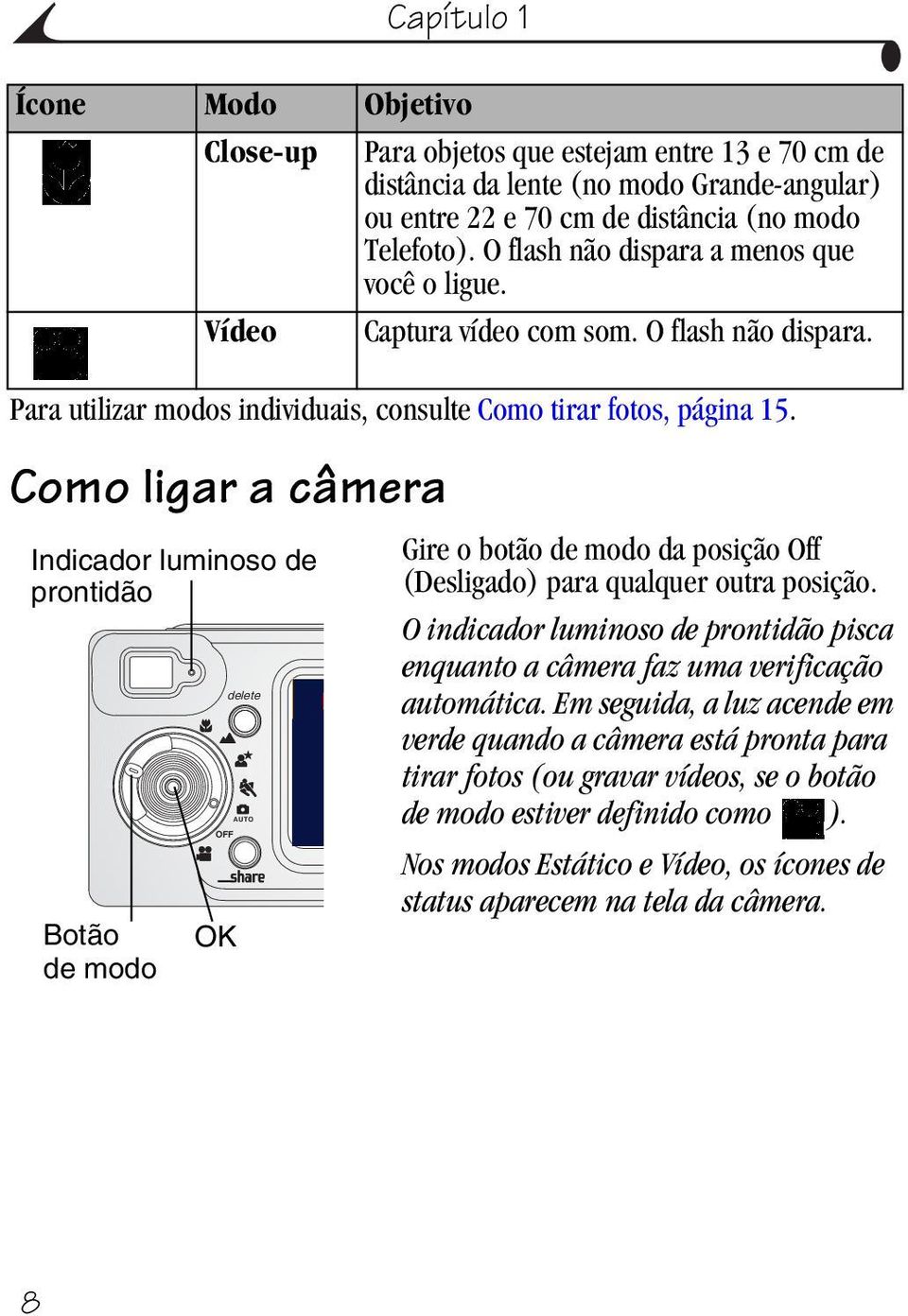 Como ligar a câmera Indicador luminoso de prontidão Botão de modo delete AUTO OFF OK Gire o botão de modo da posição Off (Desligado) para qualquer outra posição.