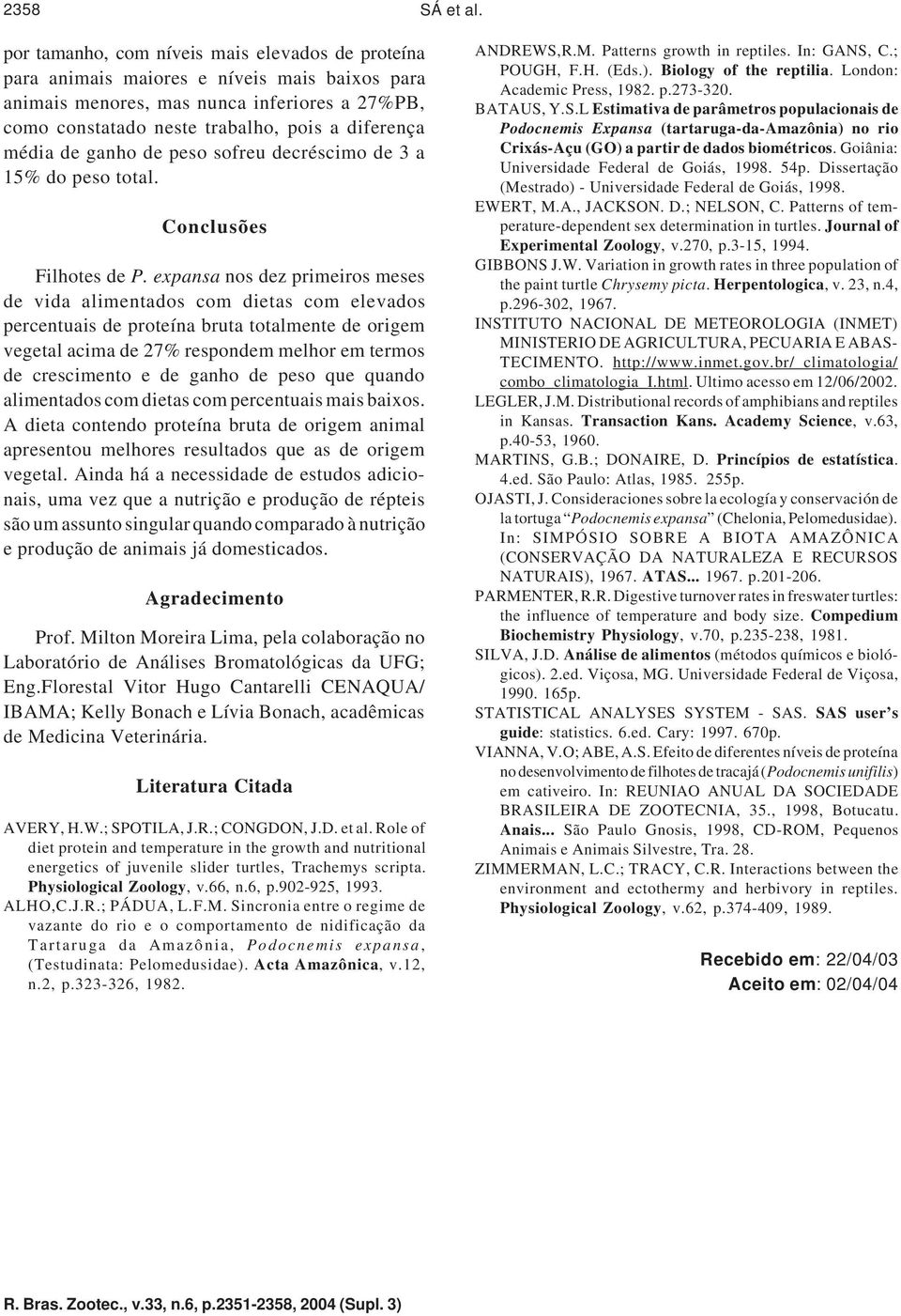 de ganho de peso sofreu decréscimo de 3 a 15% do peso total. Conclusões Filhotes de P.