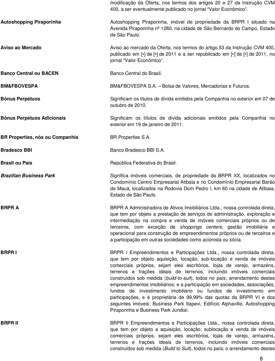 Aviso ao Mercado Aviso ao mercado da Oferta, nos termos do artigo 53 da Instrução CVM 400, publicado em [ ] de [ ] de 2011 e a ser republicado em [ ] de [ ] de 2011, no jornal Valor Econômico.