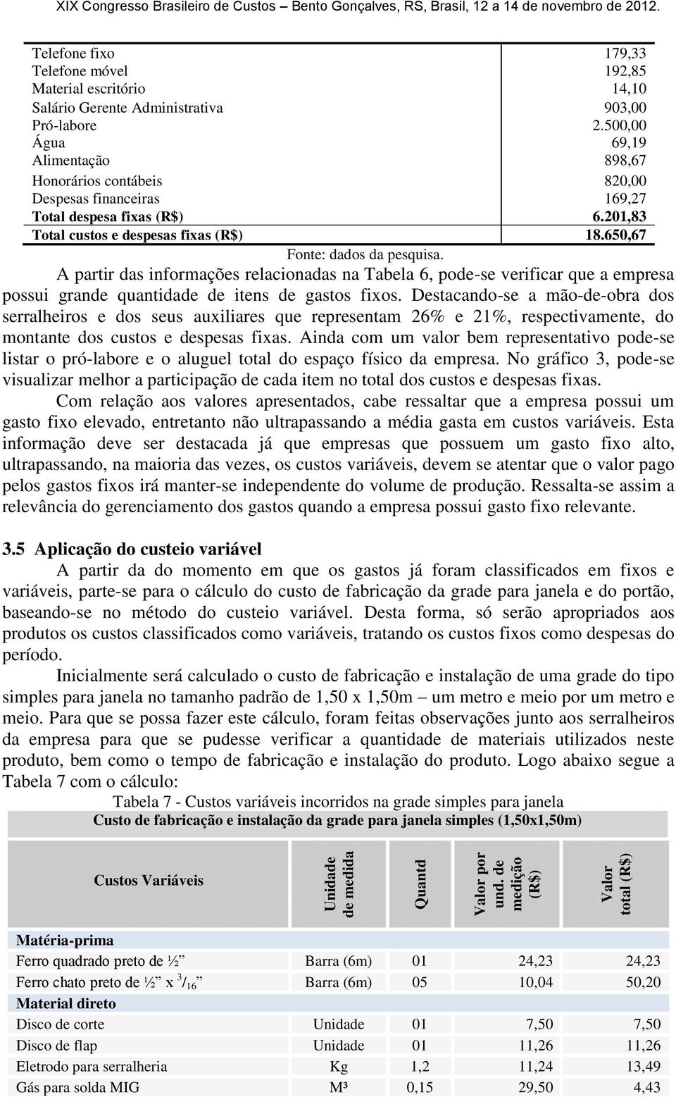 500,00 Água 69,19 Alimentação 898,67 Honorários contábeis 820,00 Despesas financeiras 169,27 Total despesa fixas (R$) 6.201,83 Total custos e despesas fixas (R$) 18.