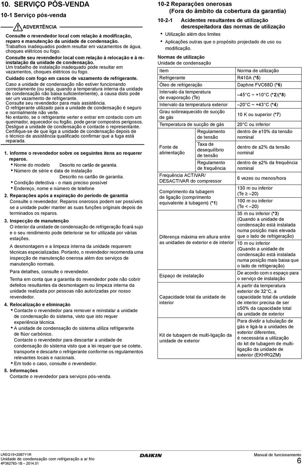 Um trabalho de instalação inadequado pode resultar em vazamentos, choques elétricos ou fogo. Cuidado com fogo em casos de vazamento de refrigerante.