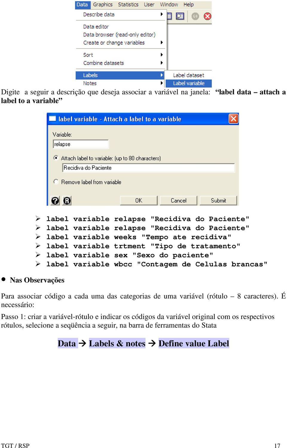 variable wbcc "Contagem de Celulas brancas" Para associar código a cada uma das categorias de uma variável (rótulo 8 caracteres).