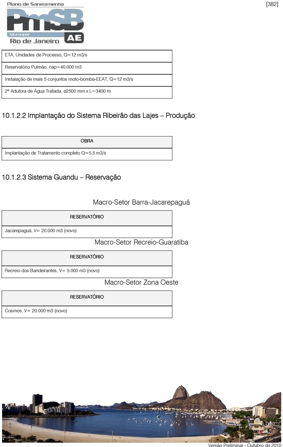 m3/s 2ª Adutora de Água Tratada, ø2500 mm x L=3400 m 10.1.2.2 Implantação do Sistema Ribeirão das Lajes Produção OBRA Implantação de Tratamento completo Q=5,5 m3/s 10.