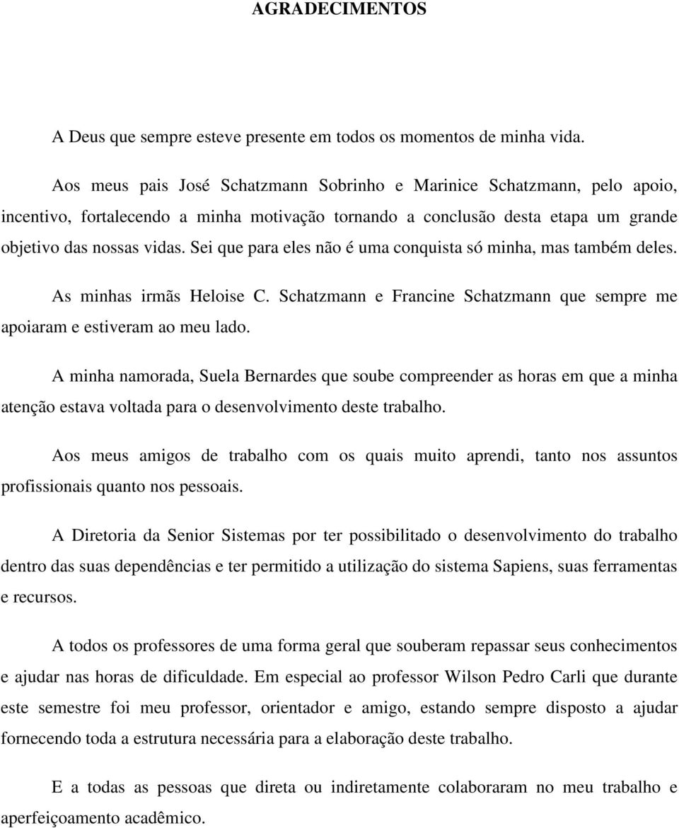 Sei que para eles não é uma conquista só minha, mas também deles. As minhas irmãs Heloise C. Schatzmann e Francine Schatzmann que sempre me apoiaram e estiveram ao meu lado.