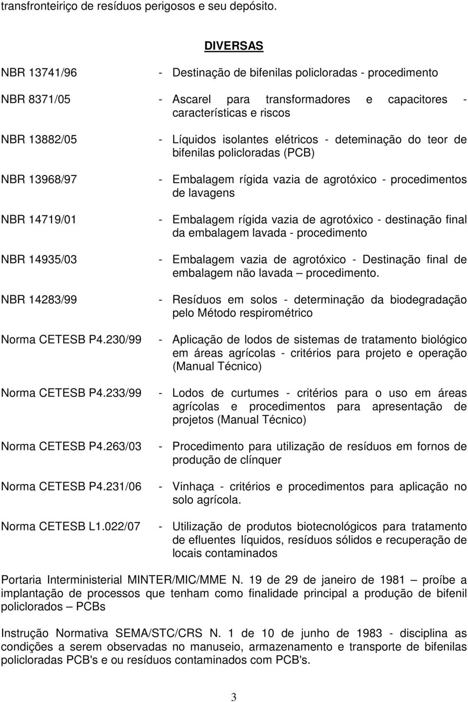 NBR 14935/03 NBR 14283/99 Norma CETESB P4.230/99 Norma CETESB P4.233/99 Norma CETESB P4.263/03 Norma CETESB P4.231/06 Norma CETESB L1.