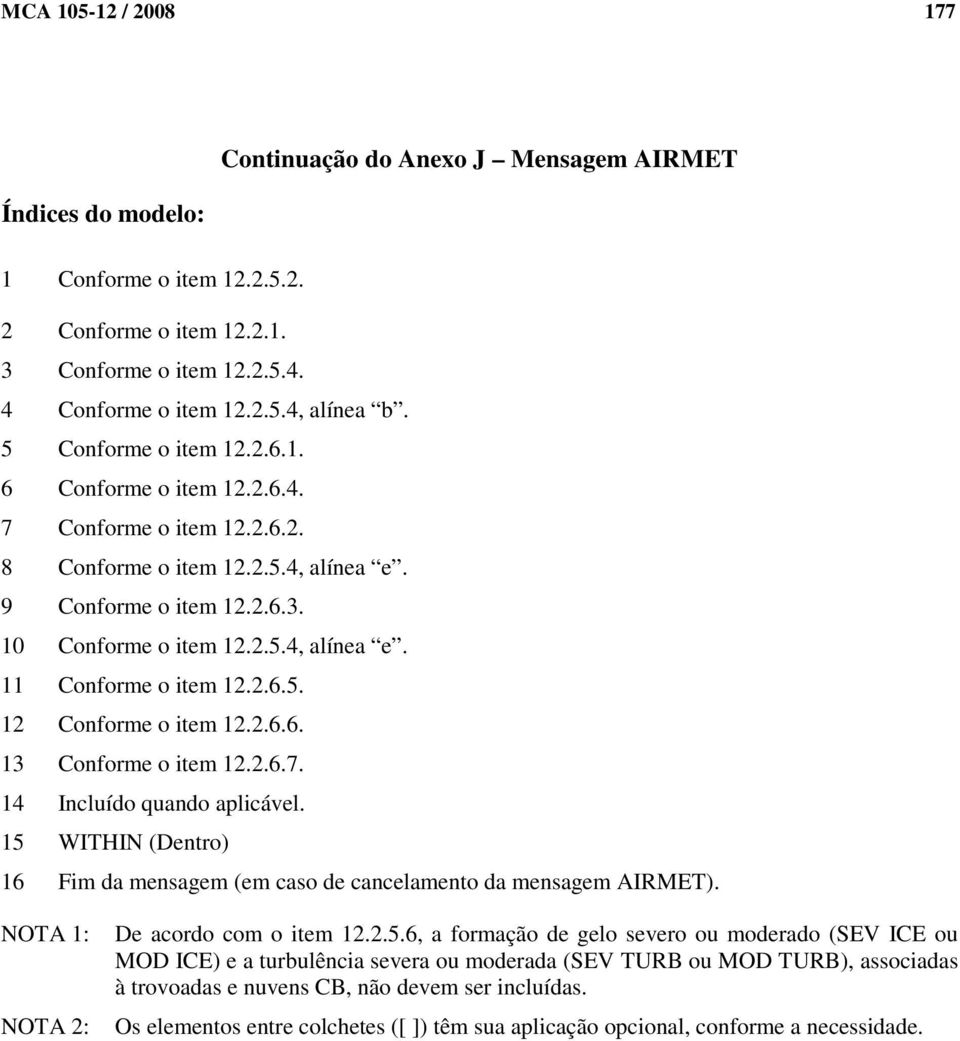 2.6.5. 12 Conforme o item 12.2.6.6. 13 Conforme o item 12.2.6.7. 14 Incluído quando aplicável. 15 WITHIN (Dentro) 16 Fim da mensagem (em caso de cancelamento da mensagem AIRMET).