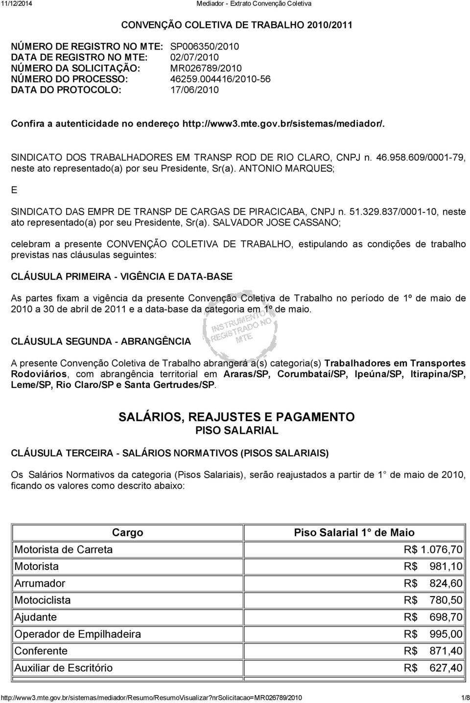 609/0001 79, neste ato representado(a) por seu Presidente, Sr(a). ANTONIO MARQUES; E SINDICATO DAS EMPR DE TRANSP DE CARGAS DE PIRACICABA, CNPJ n. 51.329.